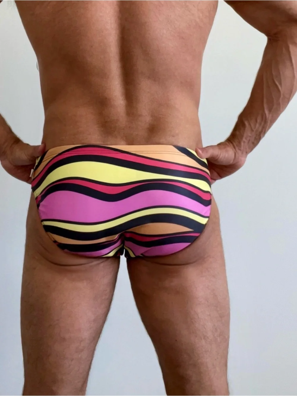 Men's Multi-Stripe Swim Briefs in Yellow, Pink & Black by Gali Swimwear, new